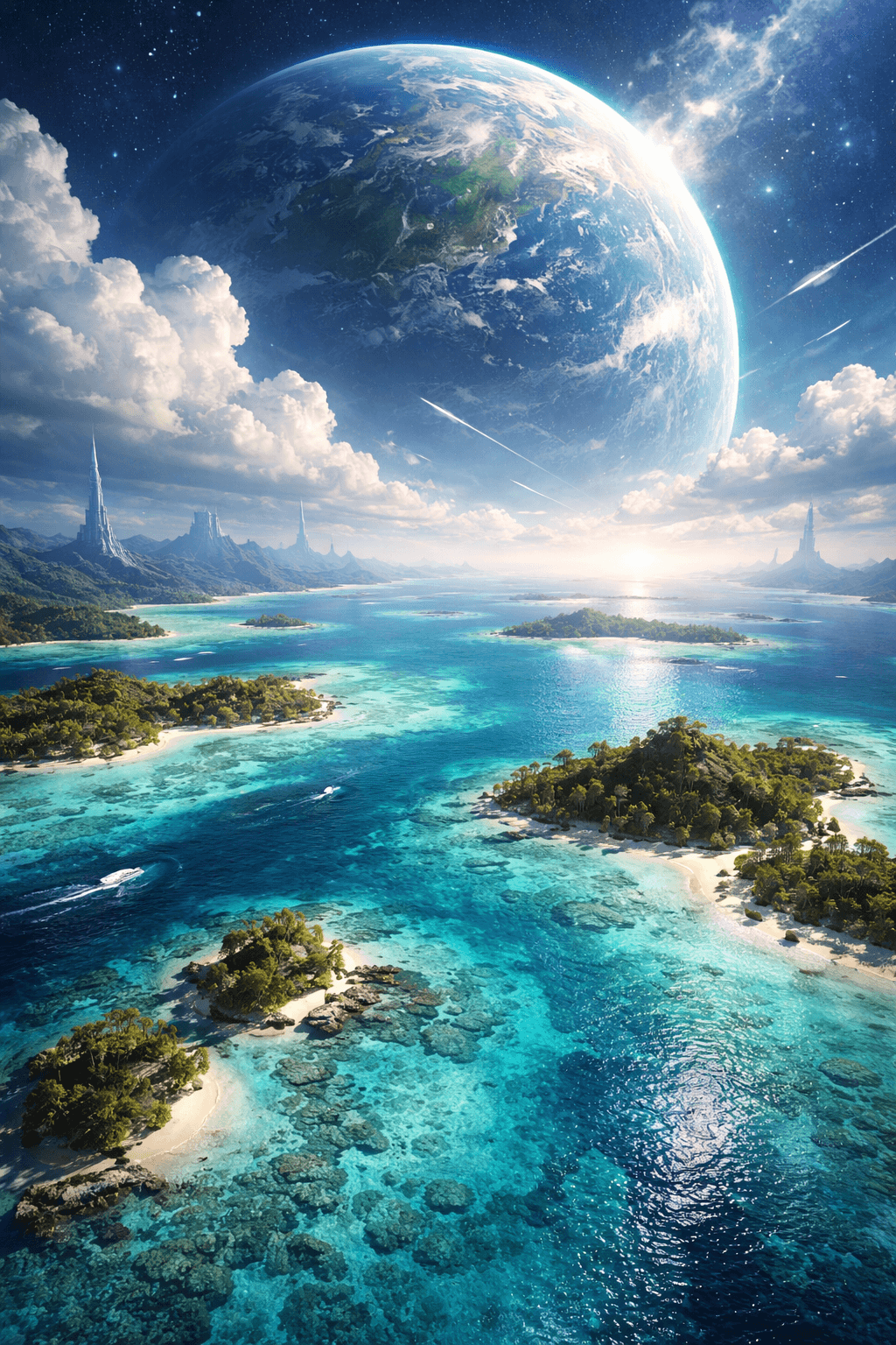 A speculative AI planet image showing an ocean world with a complex atmosphere.
