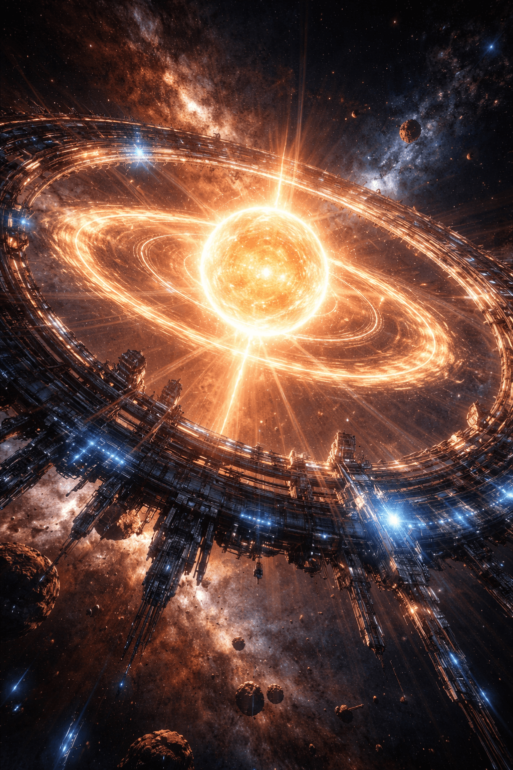 A futuristic AI visualization of orbital habitats forming a city above a planet.