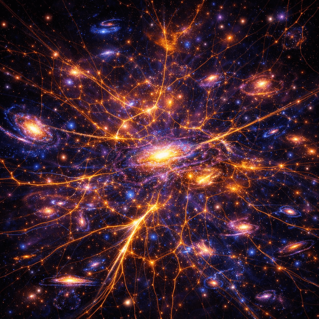 Glowing neural network blending into a deep space nebula