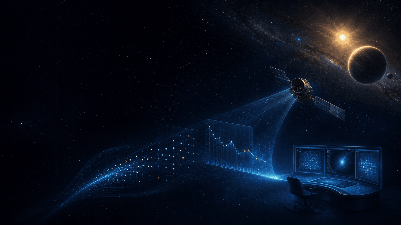 Ilustración de un telescopio que convierte la luz de un exoplaneta en datos para una investigación