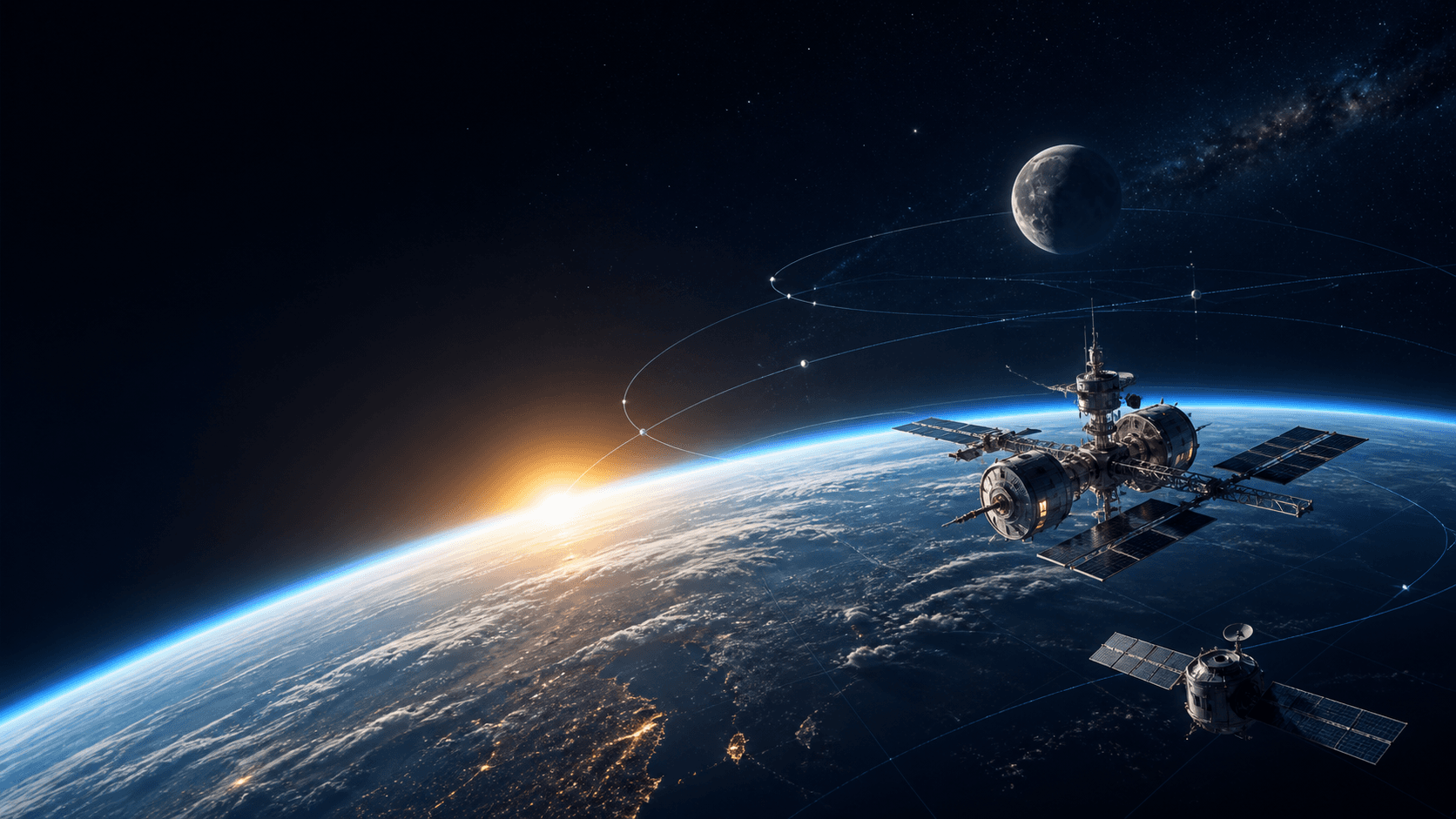 Ilustración de la Tierra, una estación orbital y una nave que representa la exploración espacial responsable