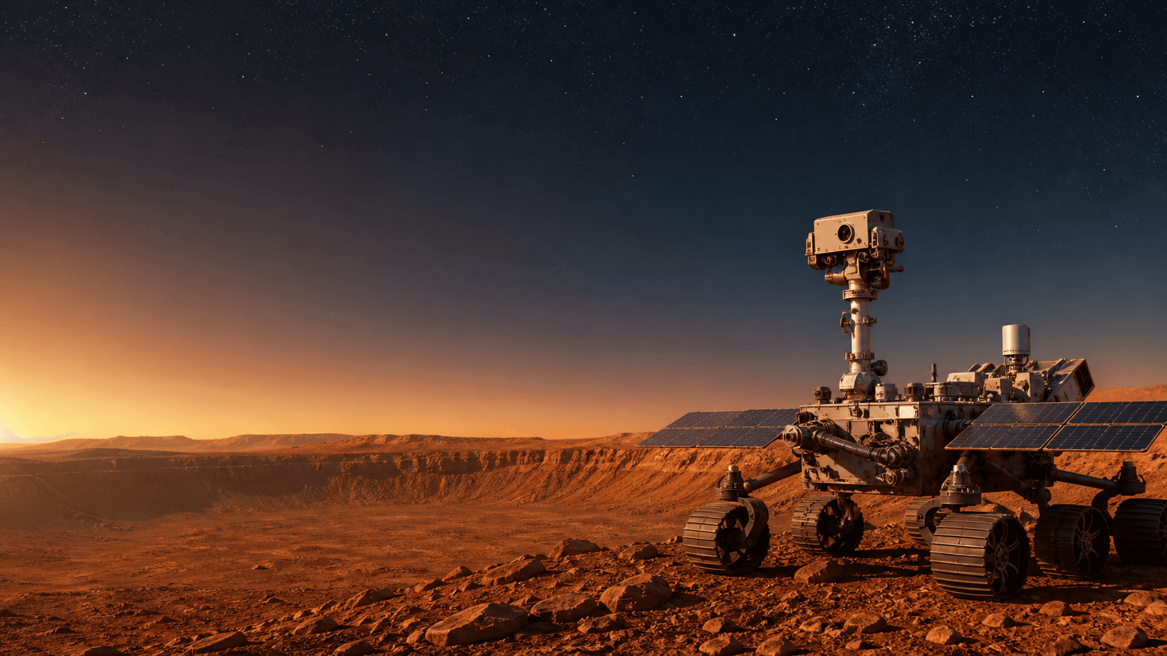 Rover robótico explorando Marte con instrumentos científicos