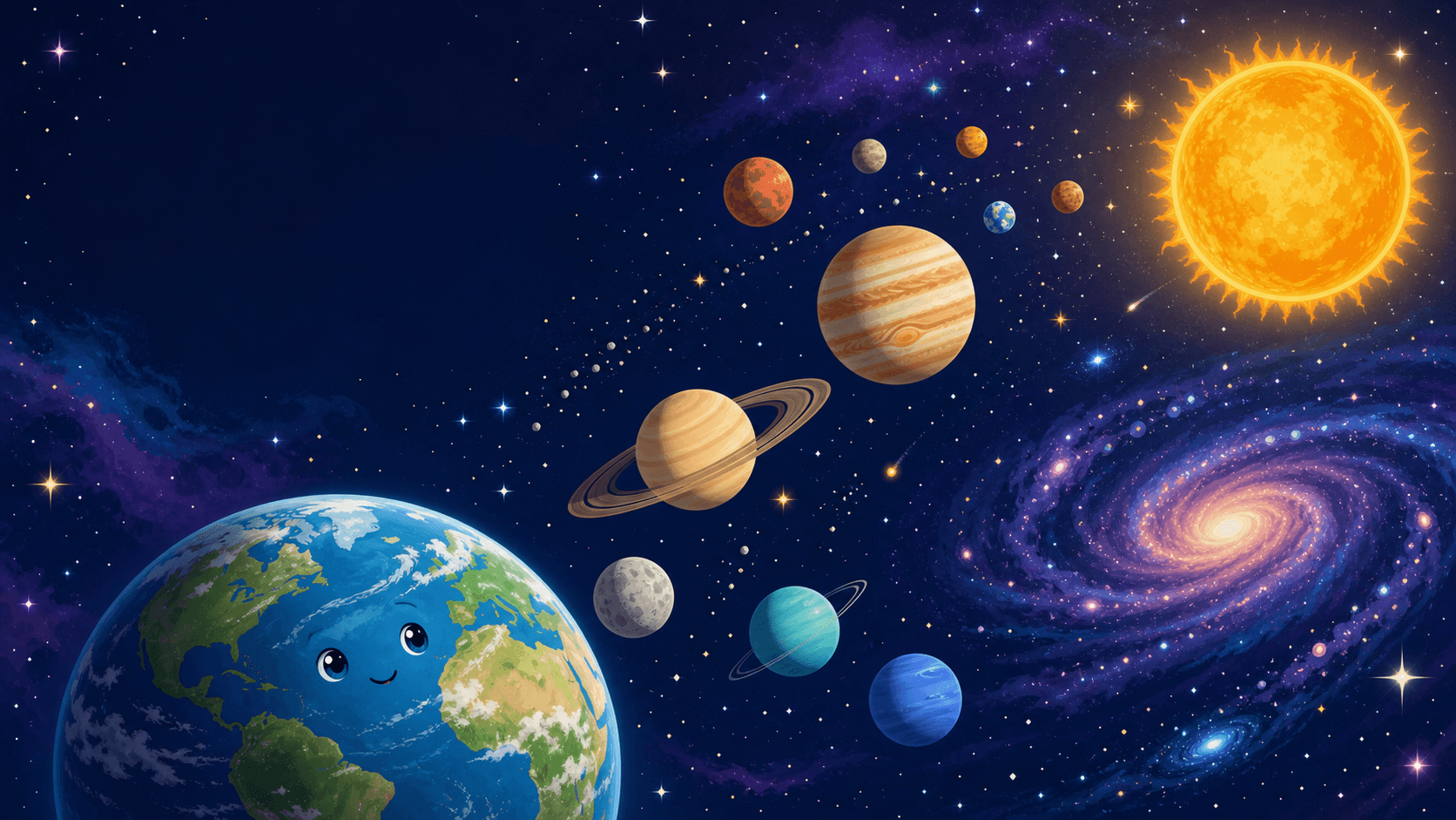 Illustration of the universe with planets, stars, a galaxy, and Earth