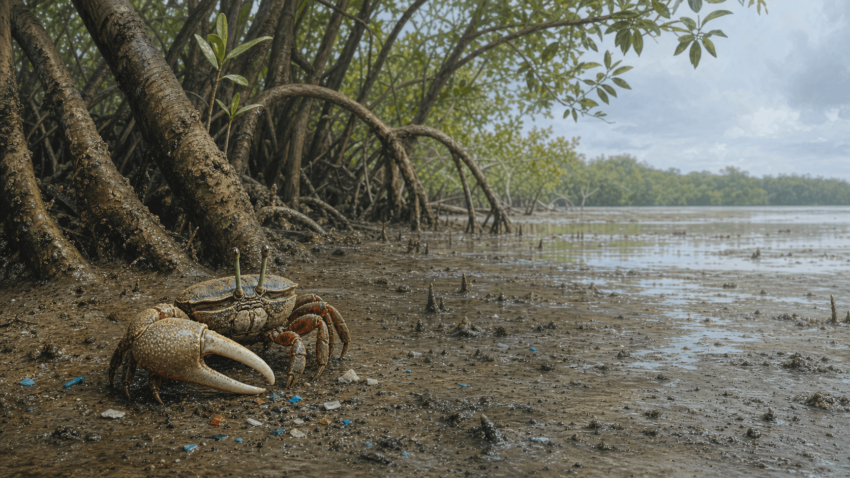 Ilustración editorial de un cangrejo violinista sobre lodo de manglar con raíces expuestas y pequeños fragmentos de plástico en el sedimento