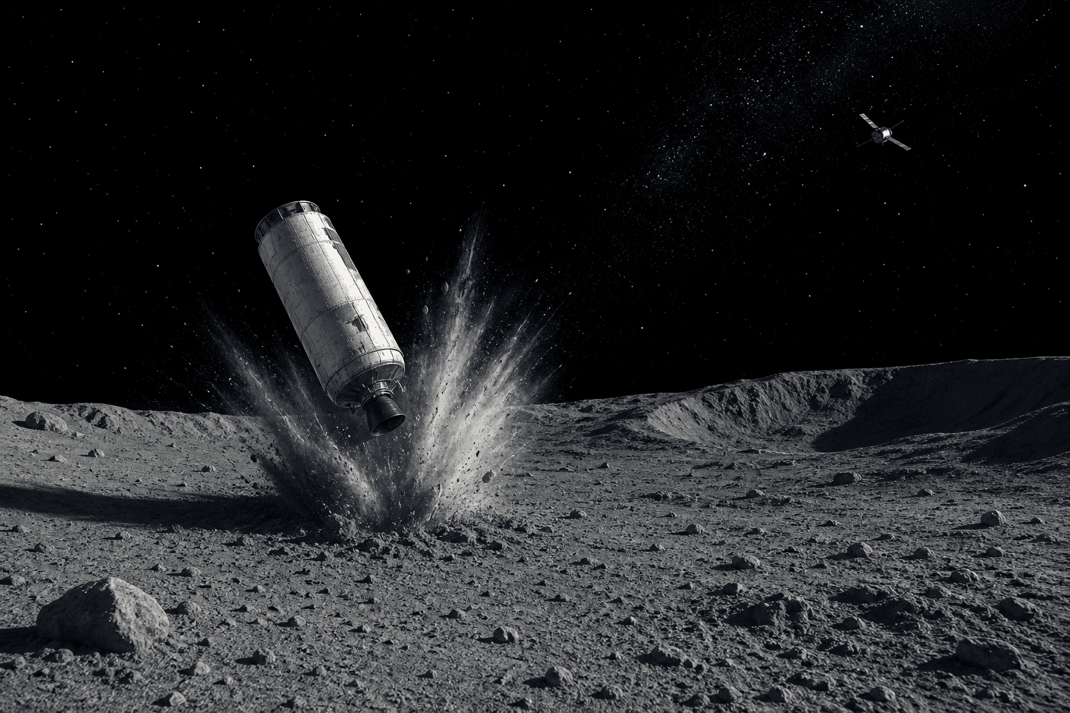 Ilustración editorial de una etapa de cohete sin marcas impactando terreno lunar y levantando una nube de polvo, con un orbitador pequeño al fondo