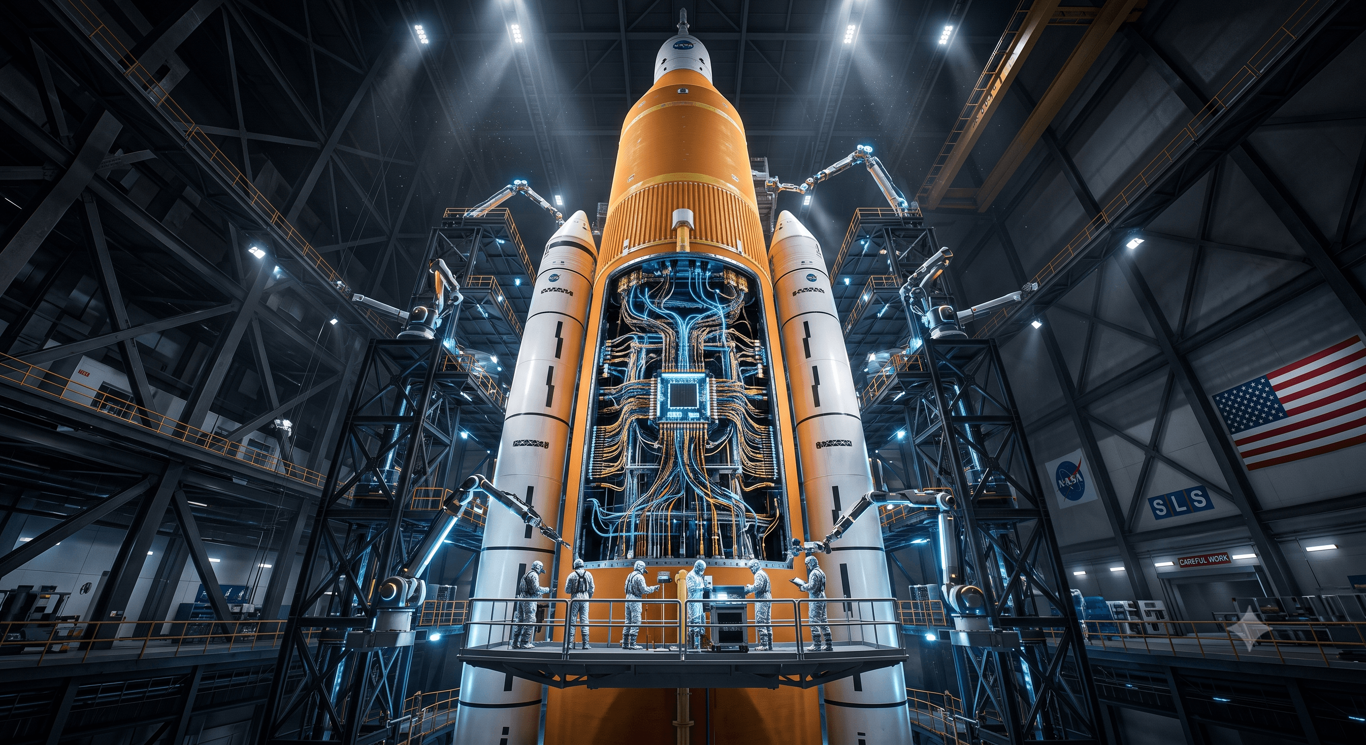 El cohete SLS de Artemis II durante una inspección de sus sistemas de aviónica