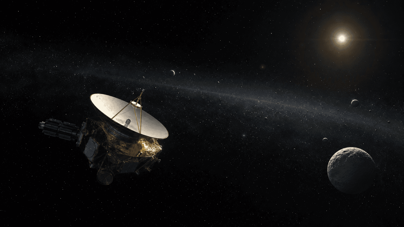 Ilustracion editorial de una sonda de espacio profundo con antena parabolica avanzando entre objetos helados del Cinturon de Kuiper, con el Sol tenue al fondo