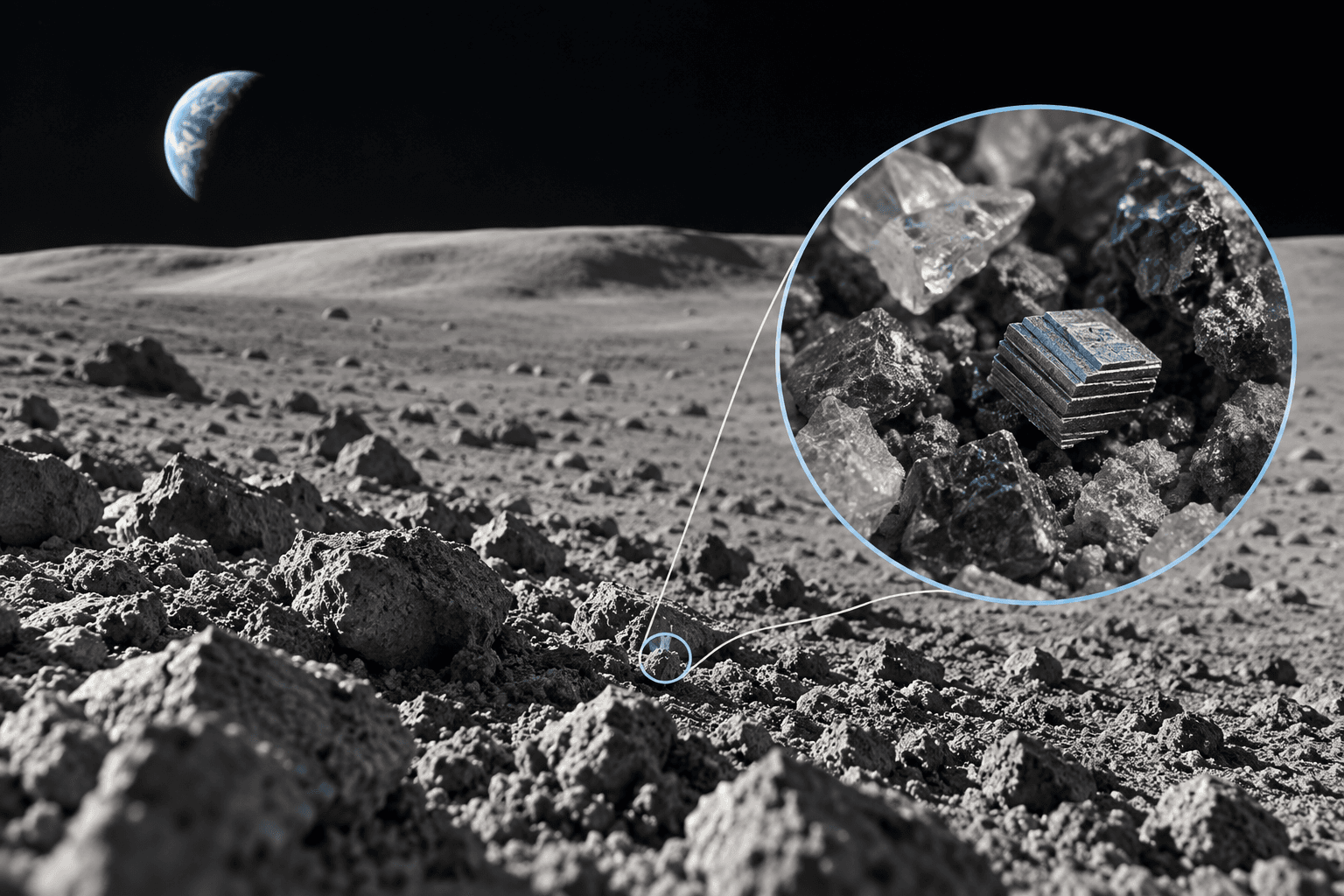 Ilustración de IA del terreno lunar con la Tierra al fondo y una ampliación conceptual de un fragmento hipotético en capas entre granos minerales.