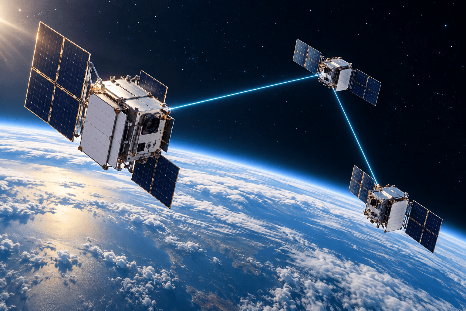 Ilustración conceptual de tres satélites con paneles solares sobre la Tierra, conectados mediante líneas azules que simbolizan enlaces ópticos.