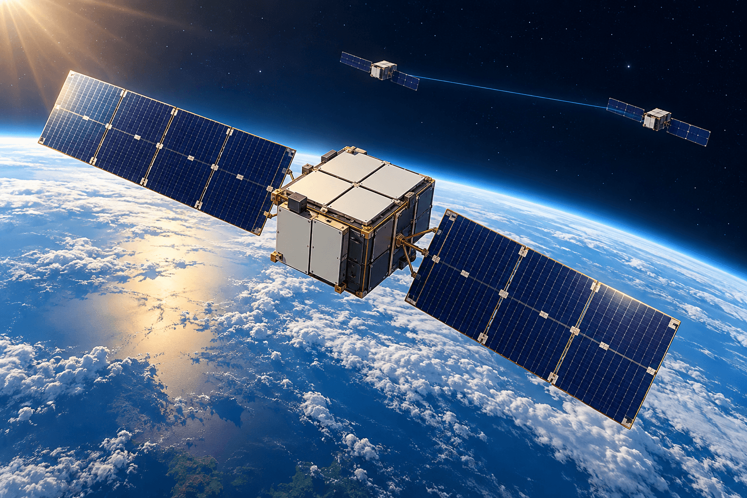 Ilustración conceptual generada por IA de satélites de computación con paneles solares y radiadores sobre la Tierra; líneas azules representan futuros enlaces ópticos.