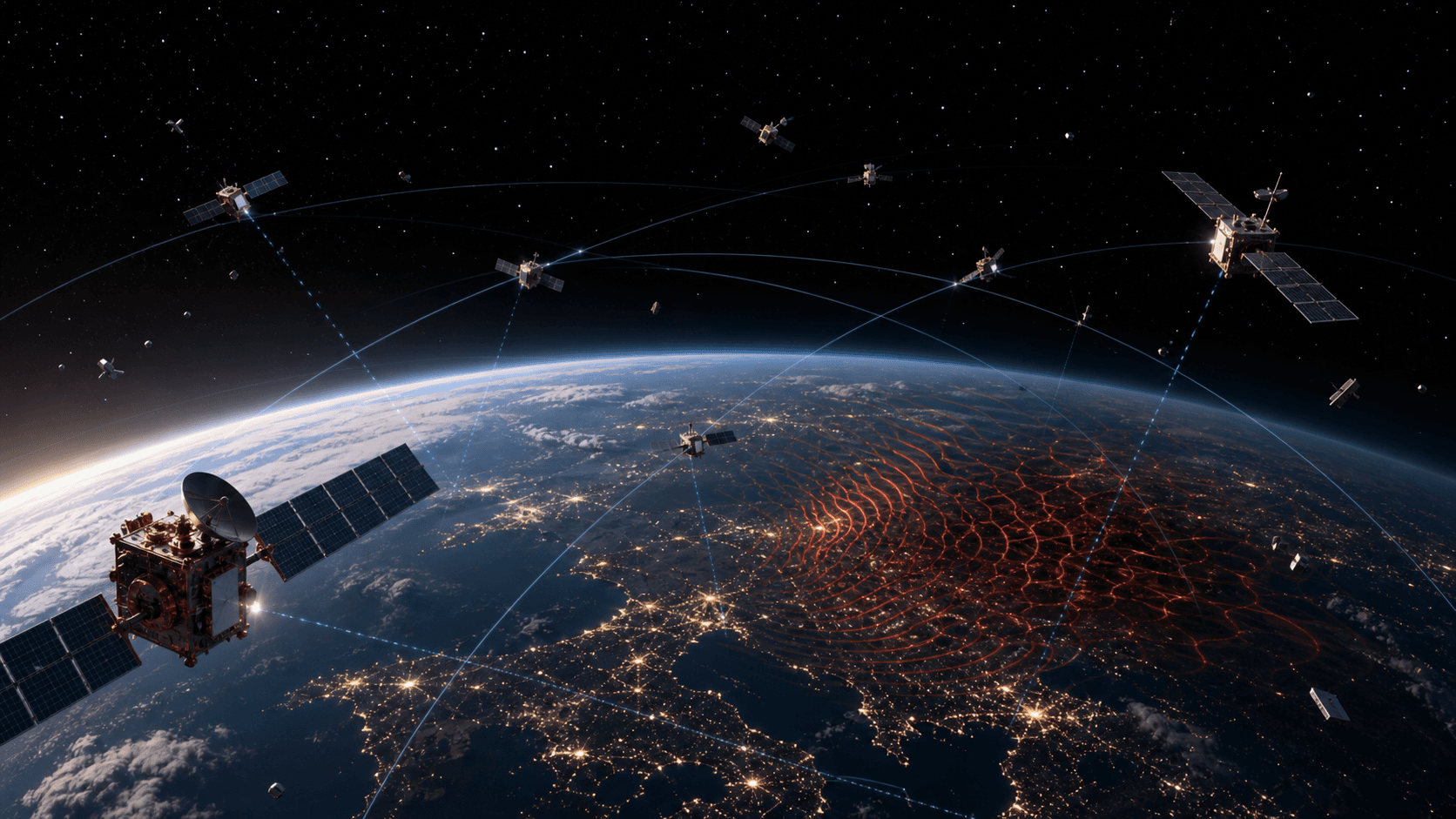 Ilustración editorial de satélites orbitando la Tierra con arcos de trayectoria, fragmentos de basura espacial y una zona de interferencia sobre ciudades nocturnas