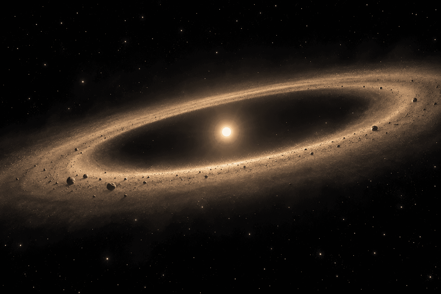 Ilustración de IA de un anillo tenue de polvo y pequeños fragmentos rocosos alrededor de una estrella, visto en perspectiva.