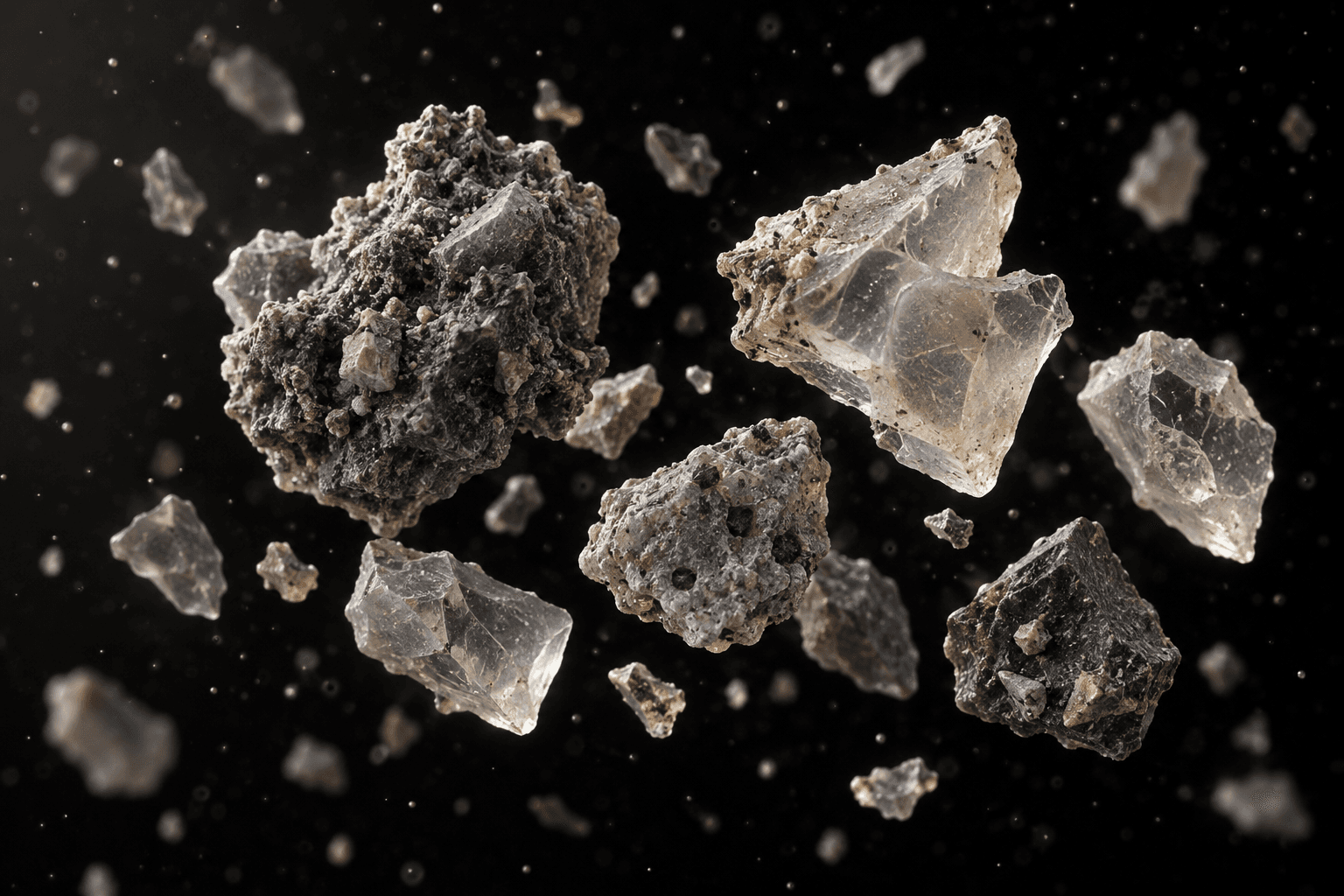 Ilustración de IA de granos minerales irregulares, algunos oscuros y otros translúcidos, ampliados sobre un fondo negro.