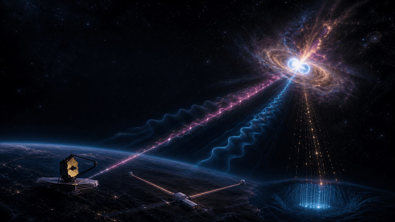 Ilustración de una fuente cósmica observada con luz, ondas gravitacionales y detectores de partículas