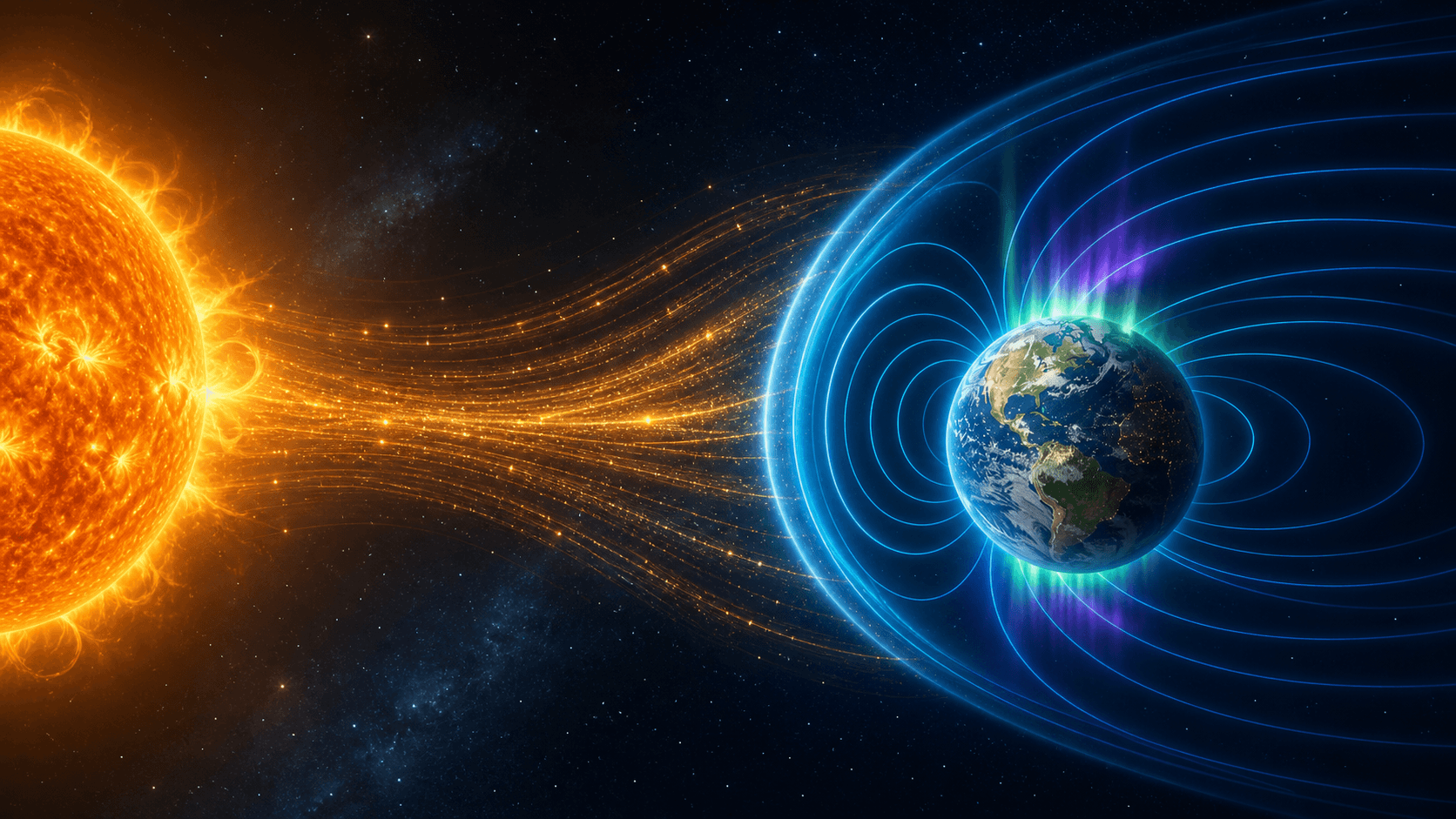 Ilustración del Sol enviando partículas hacia el campo magnético de la Tierra, con auroras verdes y violetas en los polos