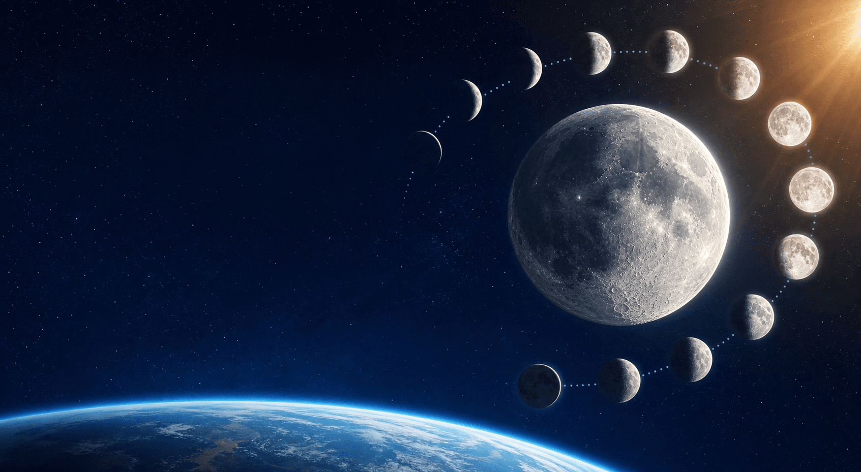 Ilustración de la Luna con sus fases, la Tierra y luz del Sol en el espacio