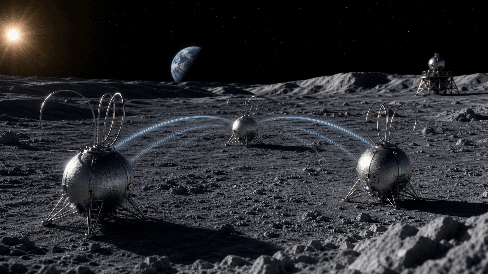Ilustración editorial de tres sondas esféricas metálicas con antenas de radio desplegadas sobre la superficie lunar cerca del polo sur