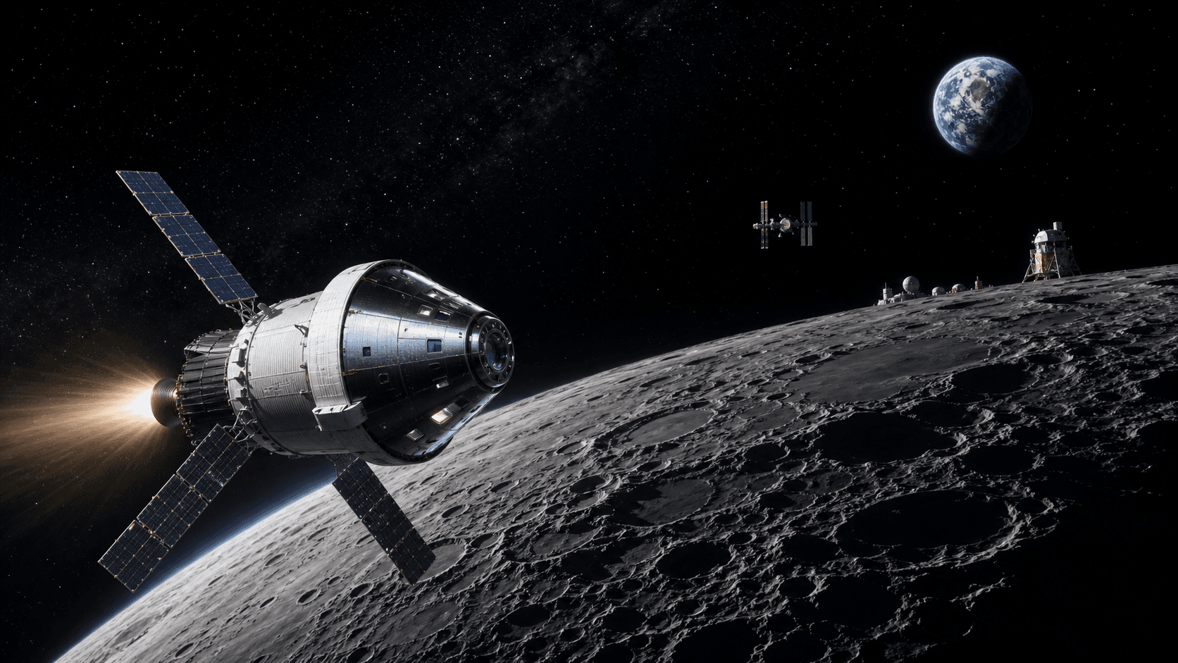 Ilustración editorial de una nave tipo Orion sobre la superficie lunar con la Tierra al fondo