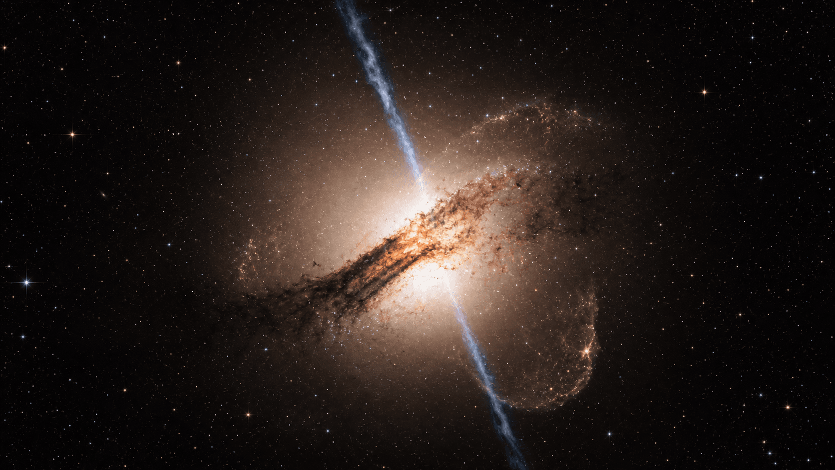 Representación de Centaurus A con una banda de polvo oscura, filamentos infrarrojos rosados y jets azules saliendo del núcleo activo