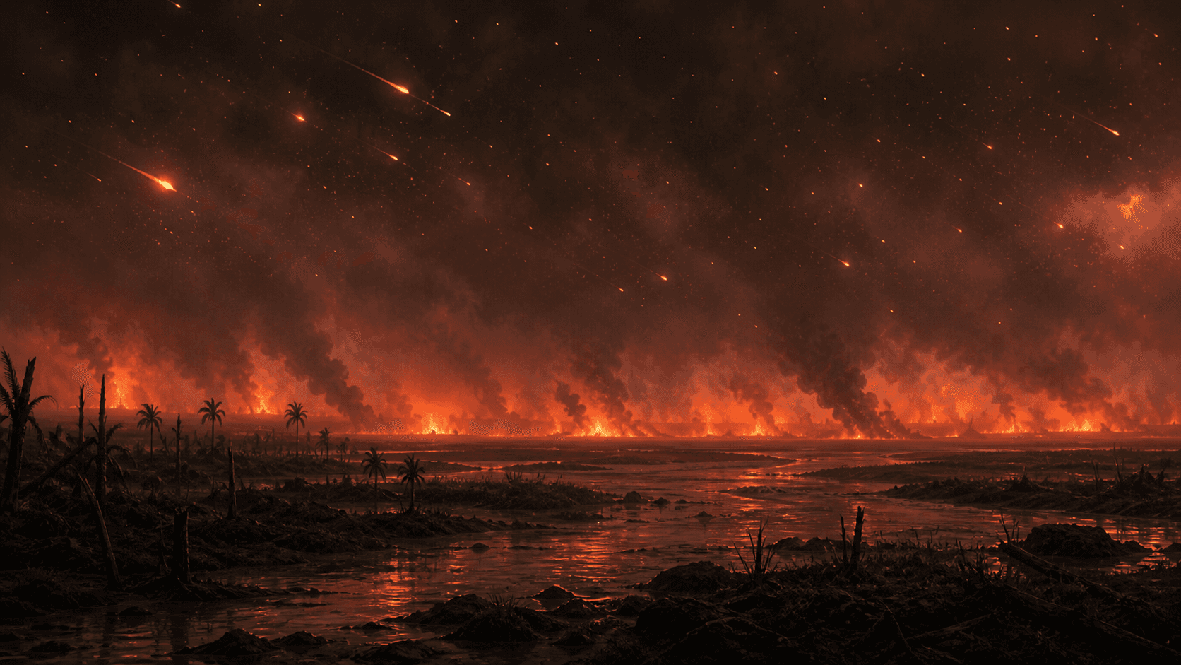 Ilustracion editorial de un paisaje cretacico oscuro bajo una nube de polvo, con esferulos incandescentes cayendo e incendios lejanos