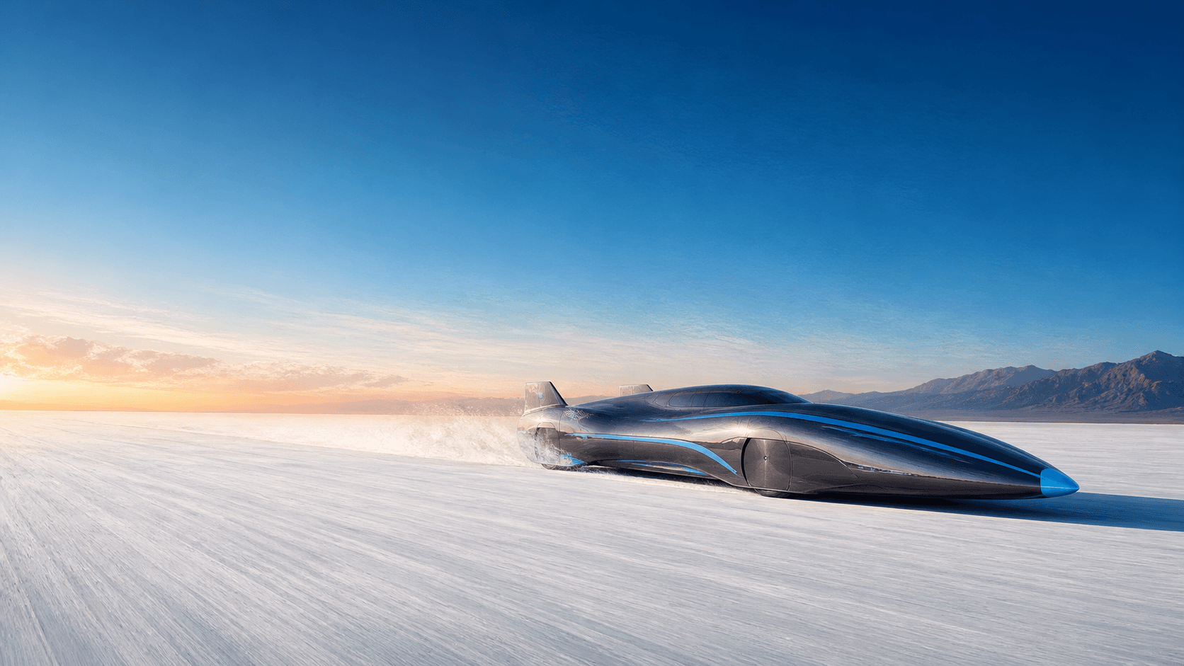 Ilustración editorial de un prototipo aerodinámico de hidrógeno circulando sobre las salinas de Bonneville al amanecer