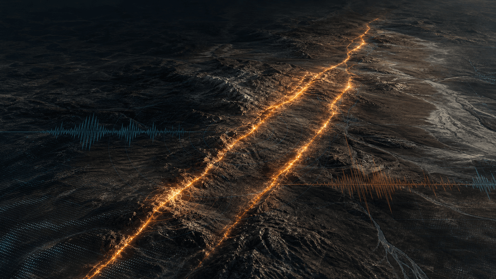 Vista satelital conceptual de dos fallas sísmicas luminosas sobre terreno oscuro con ondas de sismógrafo superpuestas