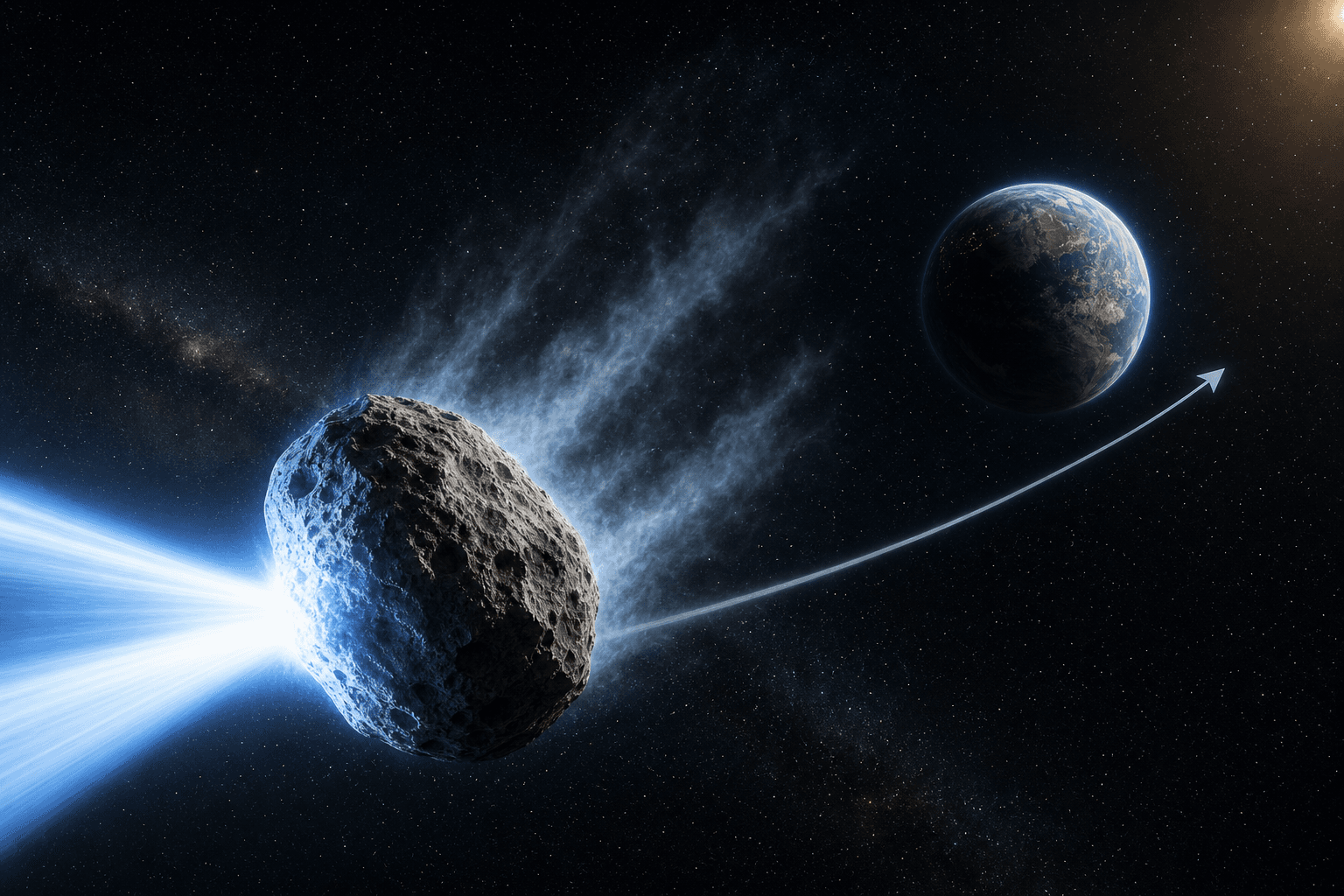 Asteroide intacto en el espacio desviado por un pulso azul de radiacion, con la Tierra al fondo