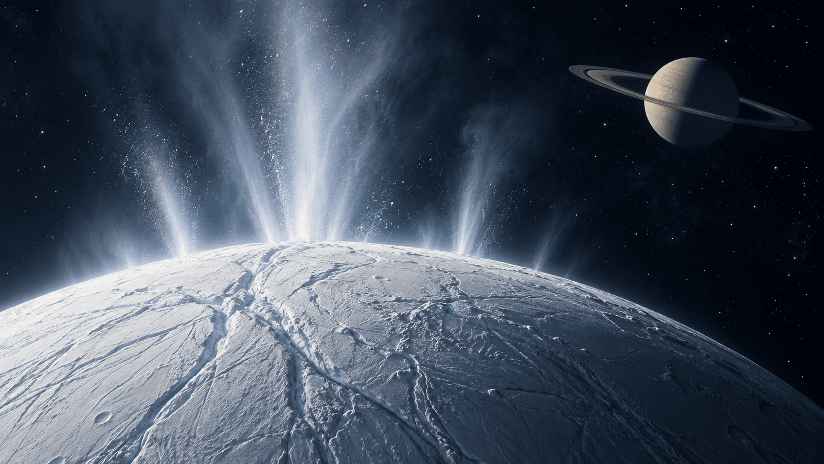 Ilustración de IA de la superficie helada de Encélado con chorros de vapor y partículas de hielo; Saturno y sus anillos al fondo, sin escala.