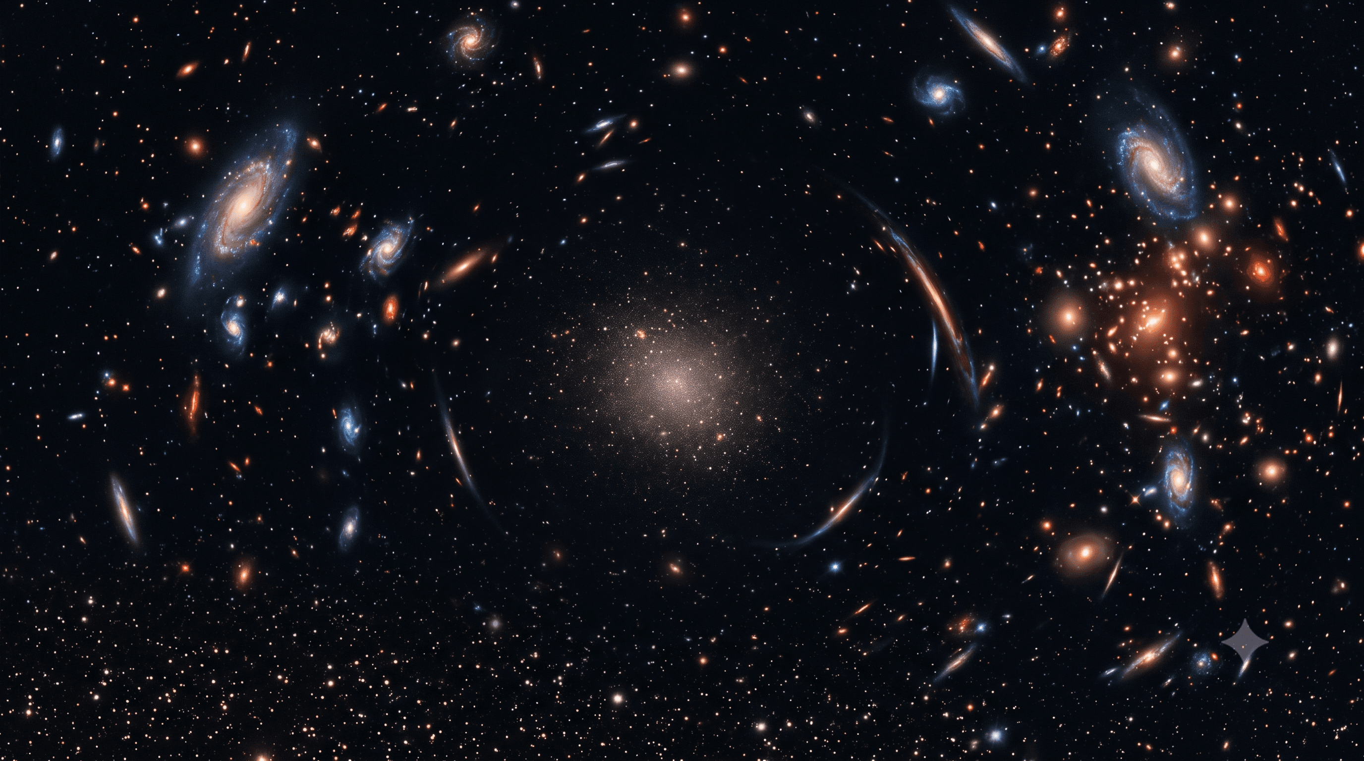 Campo profundo con galaxias y estructuras luminosas que evocan la distribución de galaxias enanas