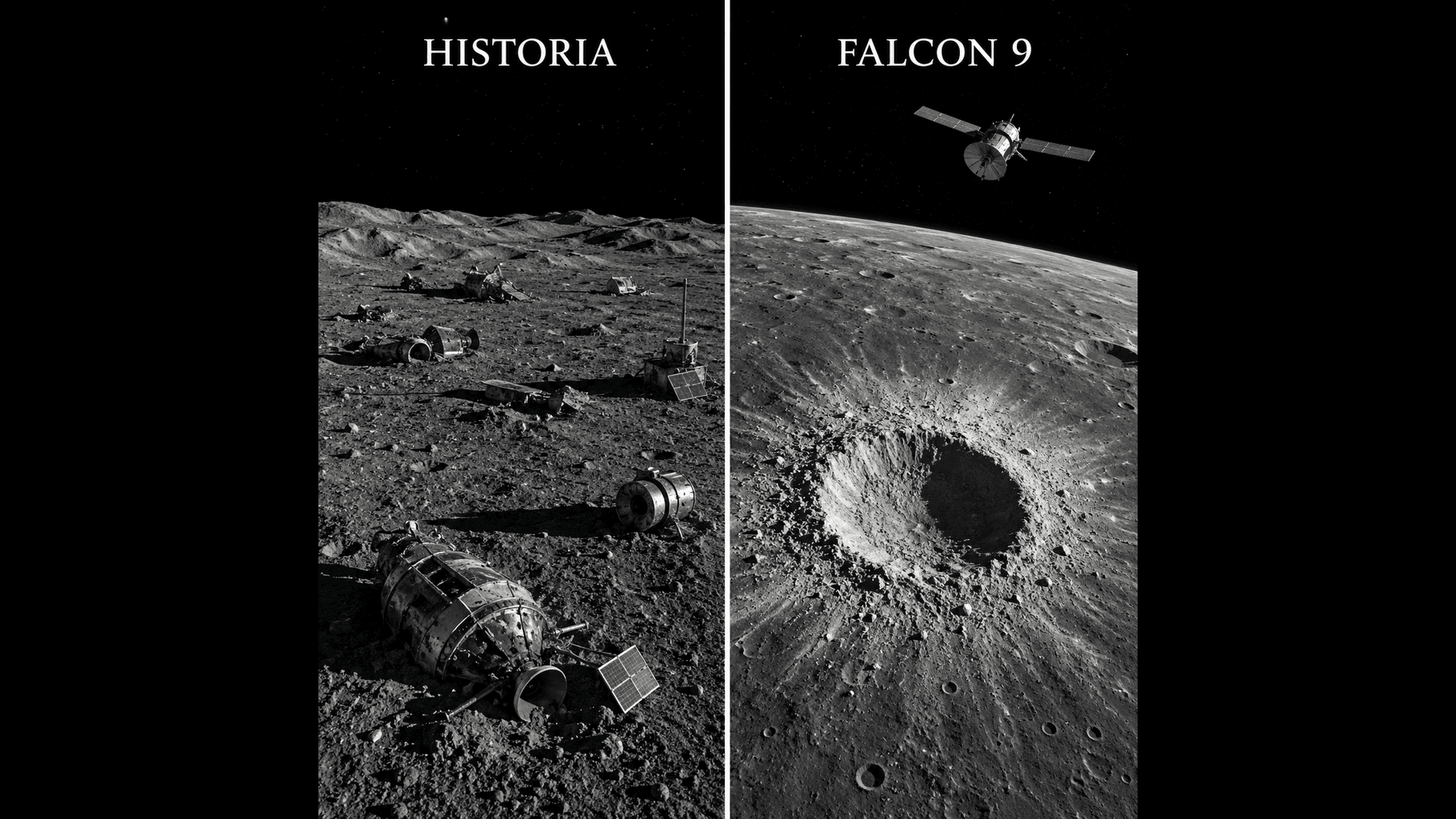 Composición editorial dividida: restos de vehículos espaciales sobre la superficie lunar y una nave Falcon 9 sobrevolando un cráter de la Luna