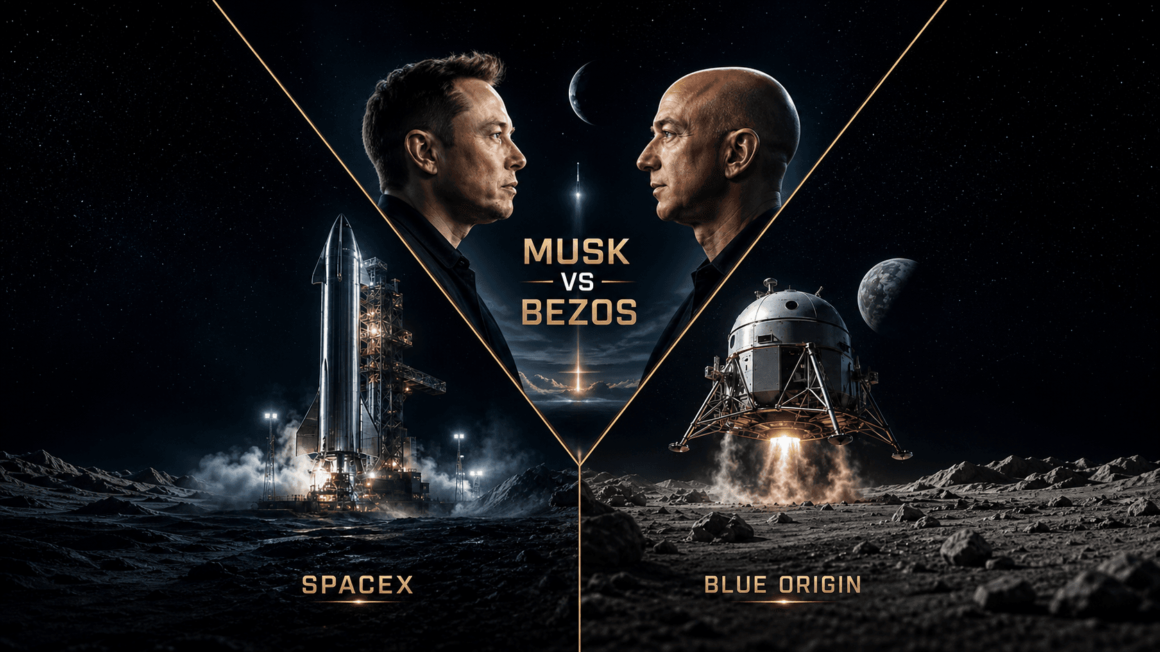 Montaje editorial horizontal con Elon Musk y Jeff Bezos frente a frente, un cohete de SpaceX y un alunizador de Blue Origin sobre un paisaje lunar