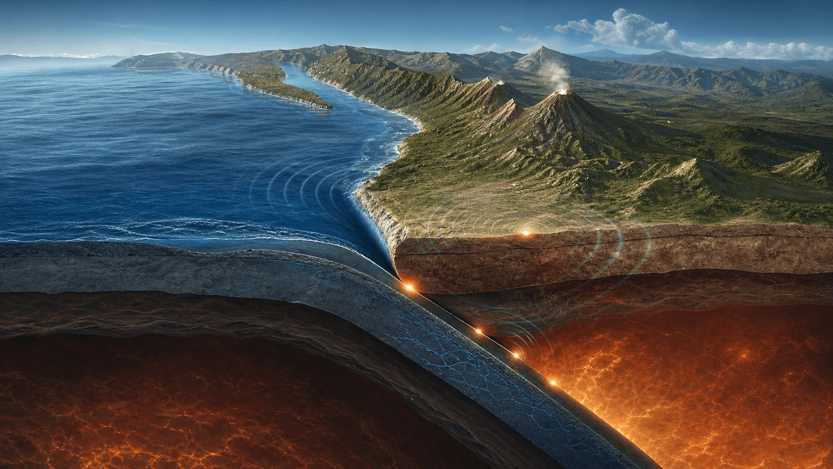 Ilustración editorial en corte de la costa del Pacífico de México y Centroamérica: una placa oceánica se hunde bajo el continente, con ondas sísmicas y volcanes al fondo