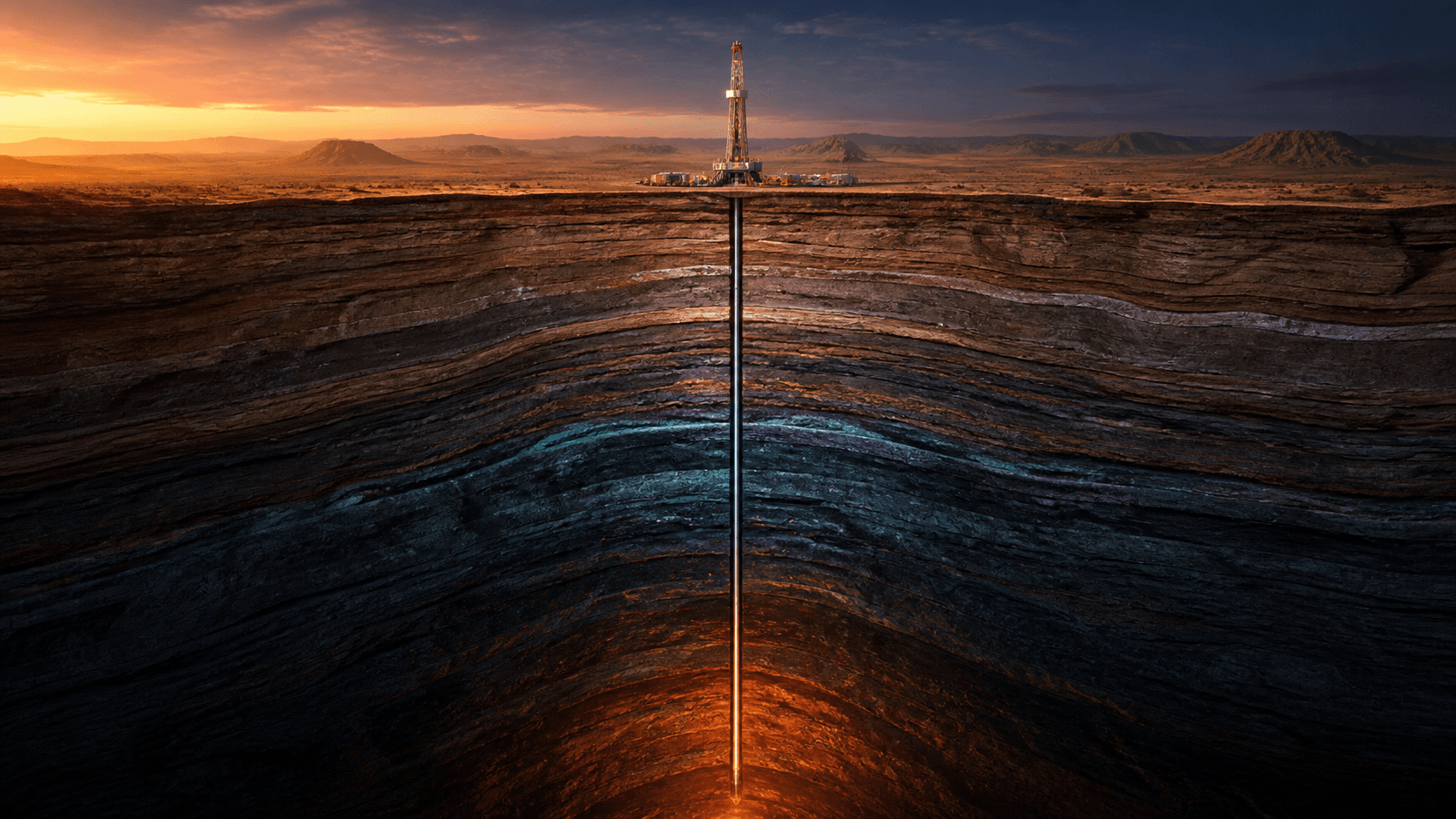 Ilustración editorial de una torre de perforación en un desierto y un corte vertical que muestra un pozo profundo atravesando capas de roca