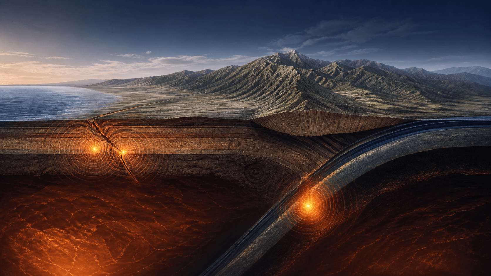 Ilustración conceptual de una falla somera con dos focos sísmicos y una placa oceánica que desciende bajo una cordillera hasta un foco profundo